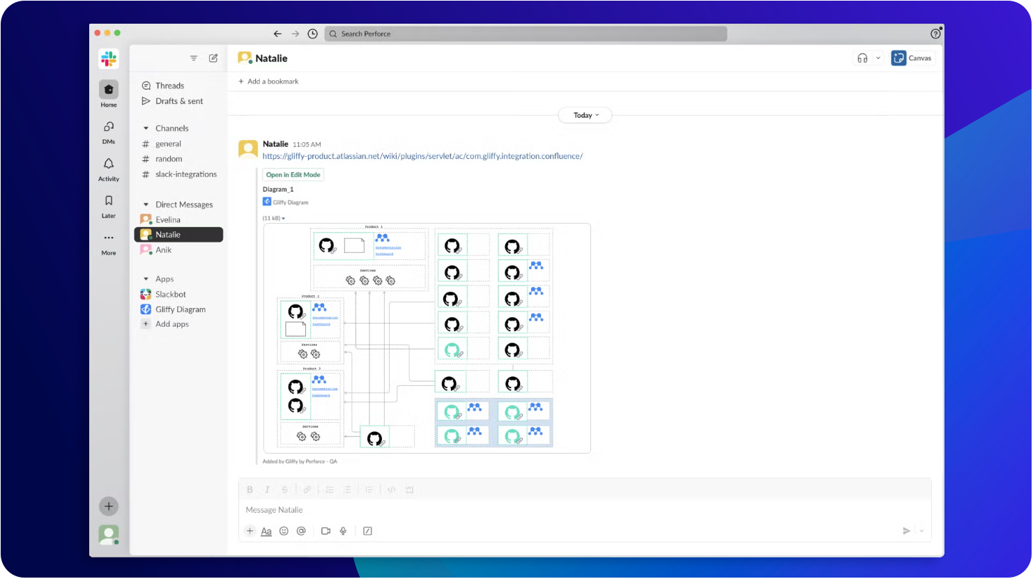 Screenshot of Slack showing a Gliffy diagram thumbnail preview in messages.