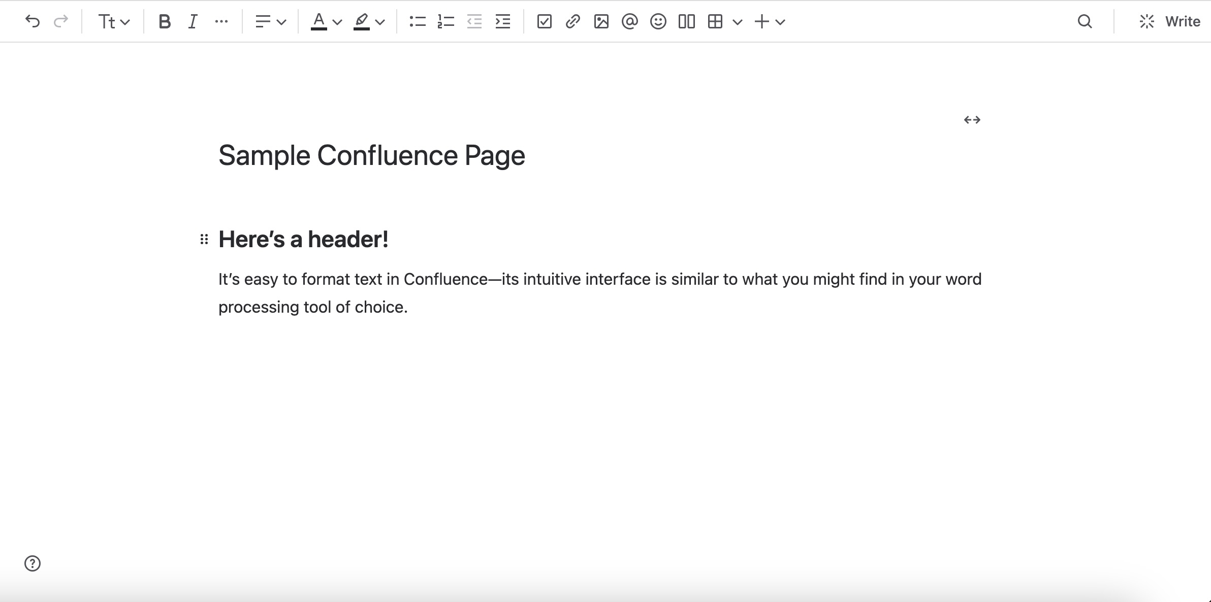 Sample Confluence page with title, header, and text